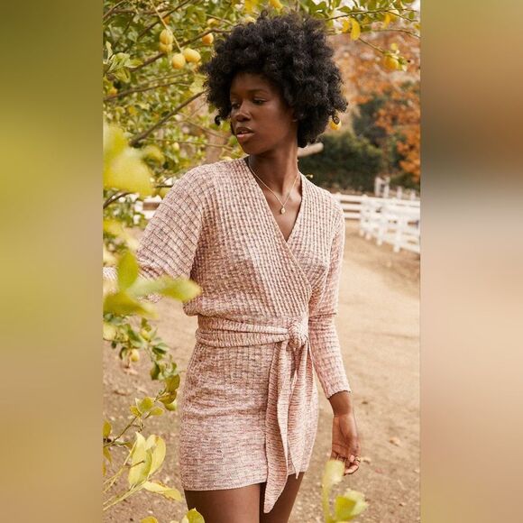 Saylor Midge Pink Rainbow Rib Knit Wrap Style Mini Sweater Dress - Picture 1 of 13